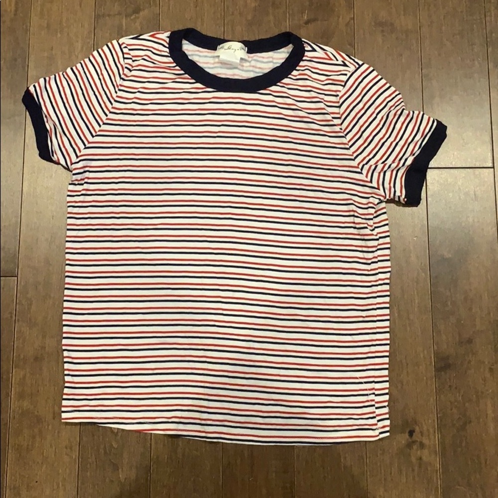 navy blue and red striped shirt